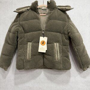 Save The Duck Jacket Womens Medium Olive Sherpa Fleece Puffer Hooded Animal Free